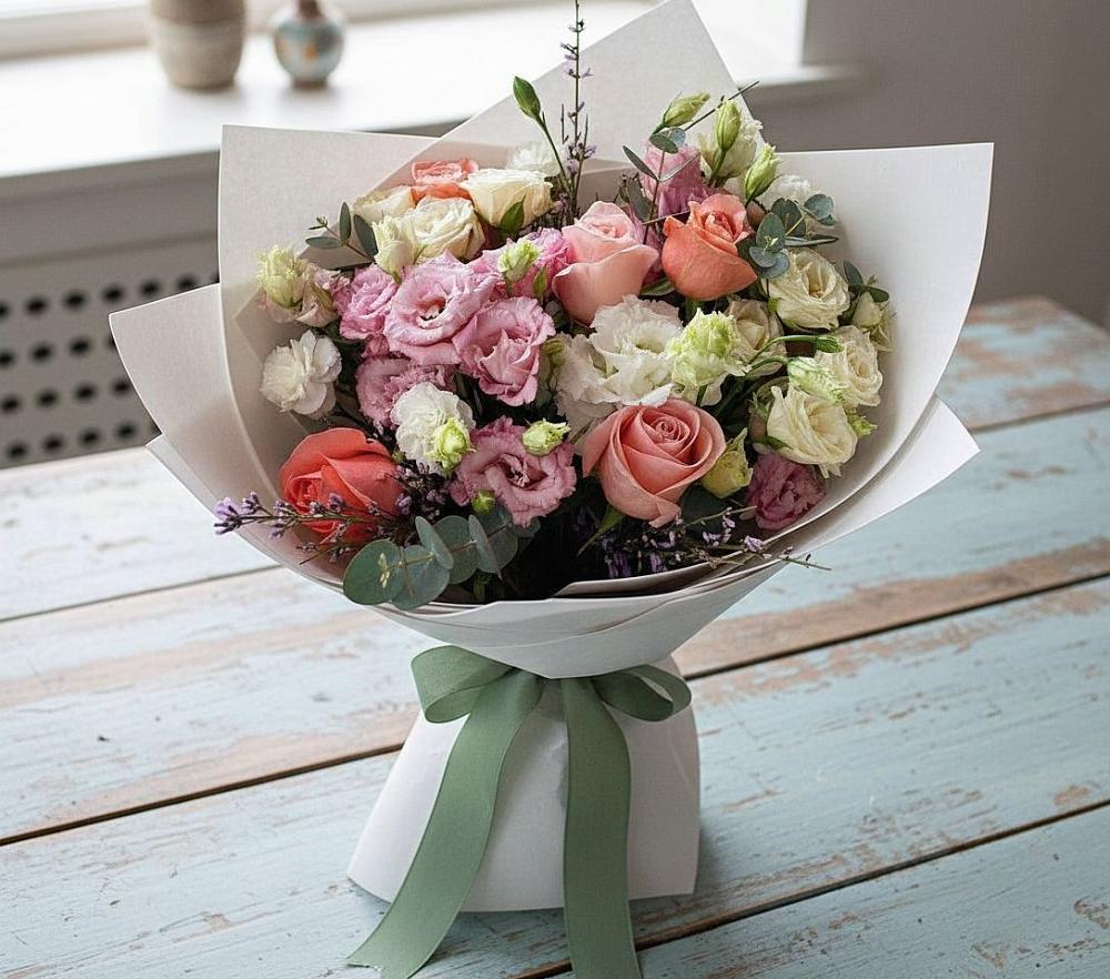 Букет цветов из: Розы, Лизиантусы и Гвоздики в Кужорской