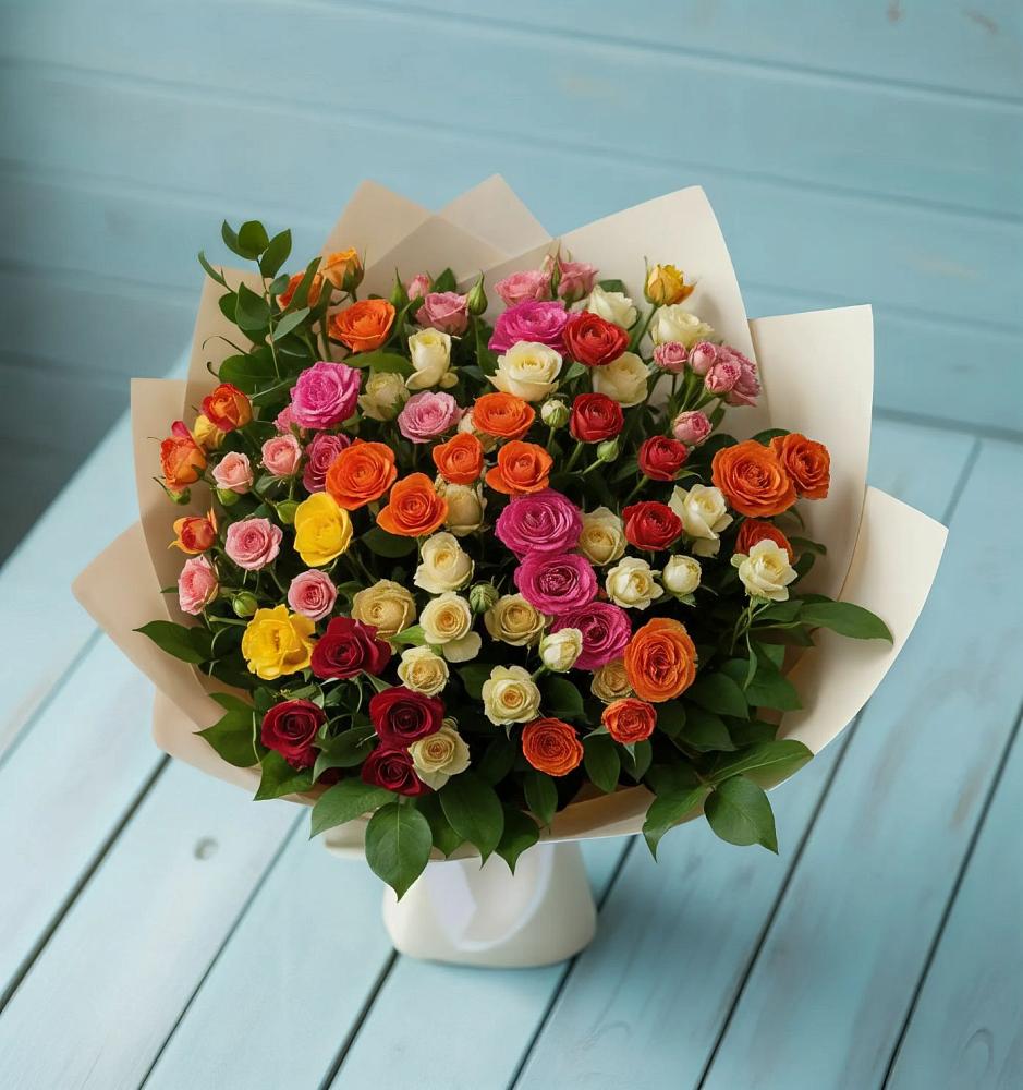 Букет Микс из разноцветных кустовых роз в Кужорской