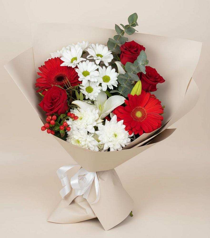 Букет цветов из: Розы, Хризантемы, Герберы и Лилии в Кужорской