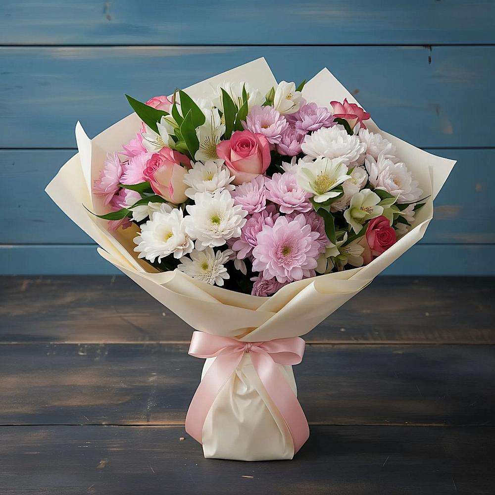 Букет цветов из: Хризантемы, Альстромерии и Розы в Кужорской